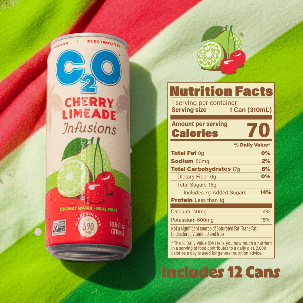 C2O Cherry Limeade close-up of liquid pour showing natural fruit color and refreshing clarity for taste preview