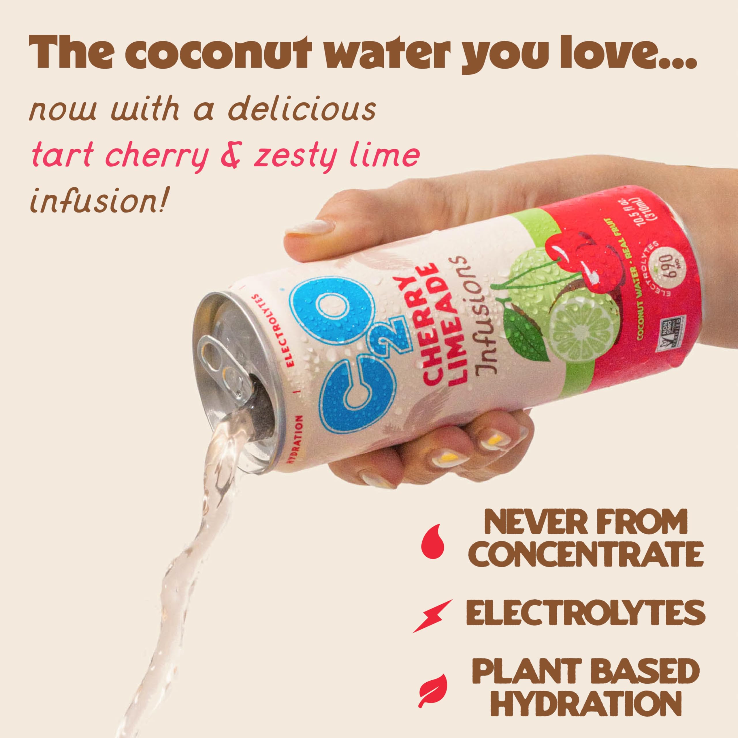 C2O Cherry Limeade slim can profile highlighting portability and easy cup-holder fit for active use