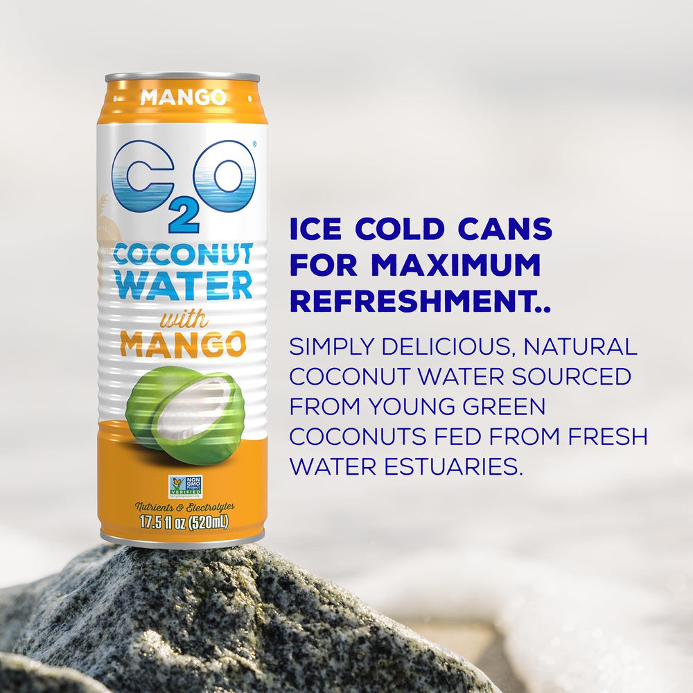 C2O mango can close-up highlighting texture and logo for premium appearance and trust