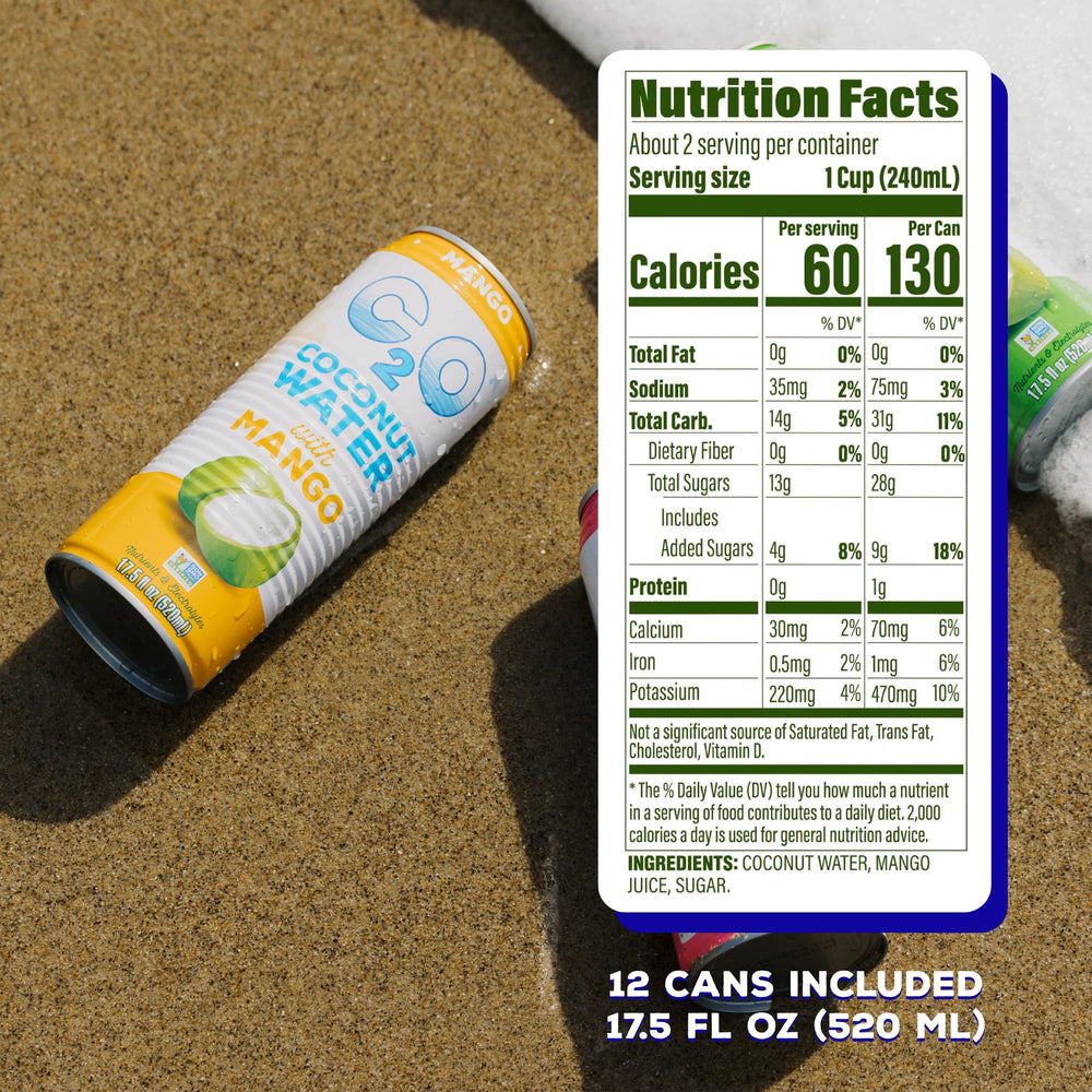 C2O mango can held in hand showing 17.5oz scale for convenient on-the-go hydration