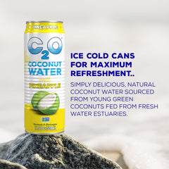 Close-up of C2O pineapple can label highlighting natural ingredients and plant-based benefit