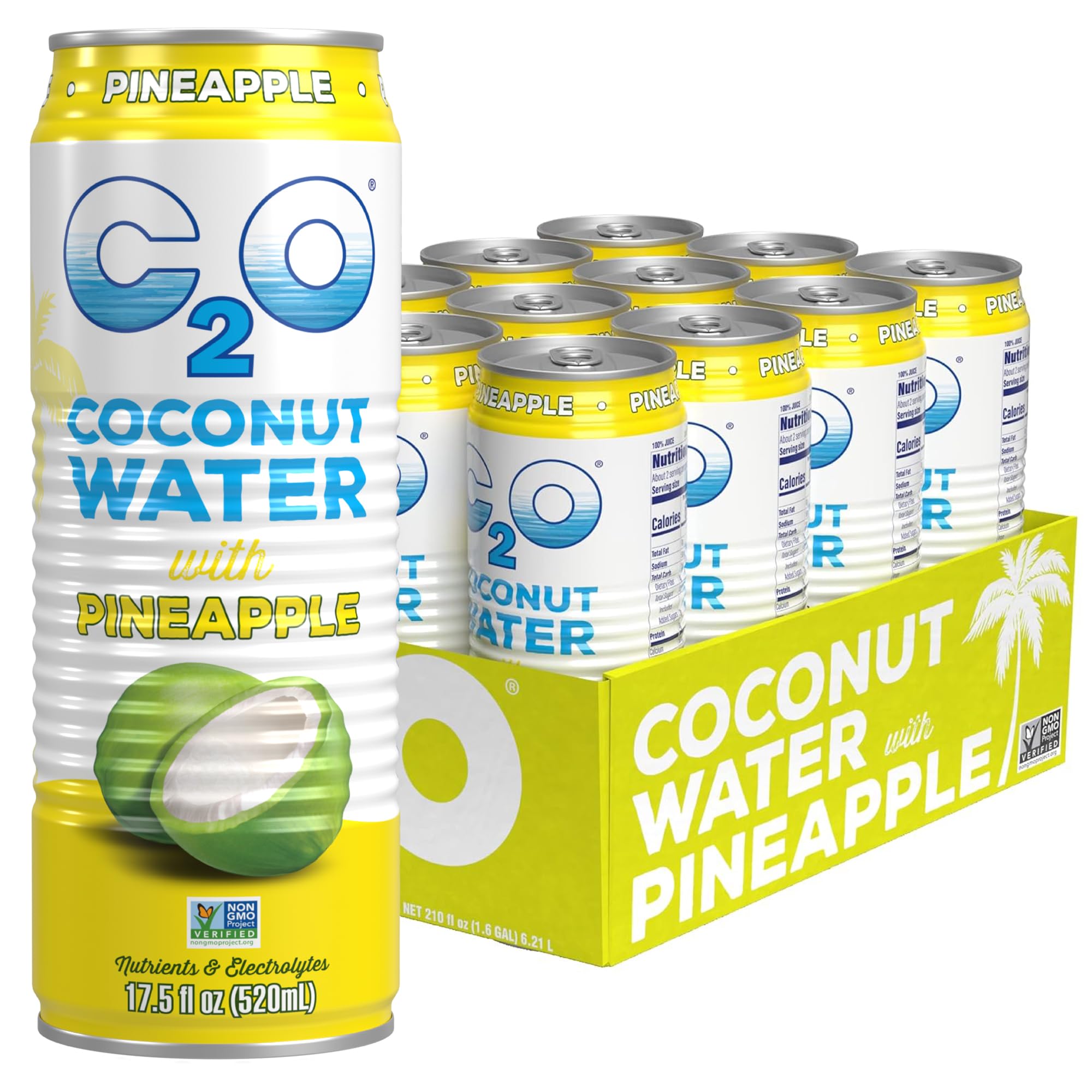 C2O coconut water with pineapple front packaging showing 17.5 fl oz can and branding for quick recognition