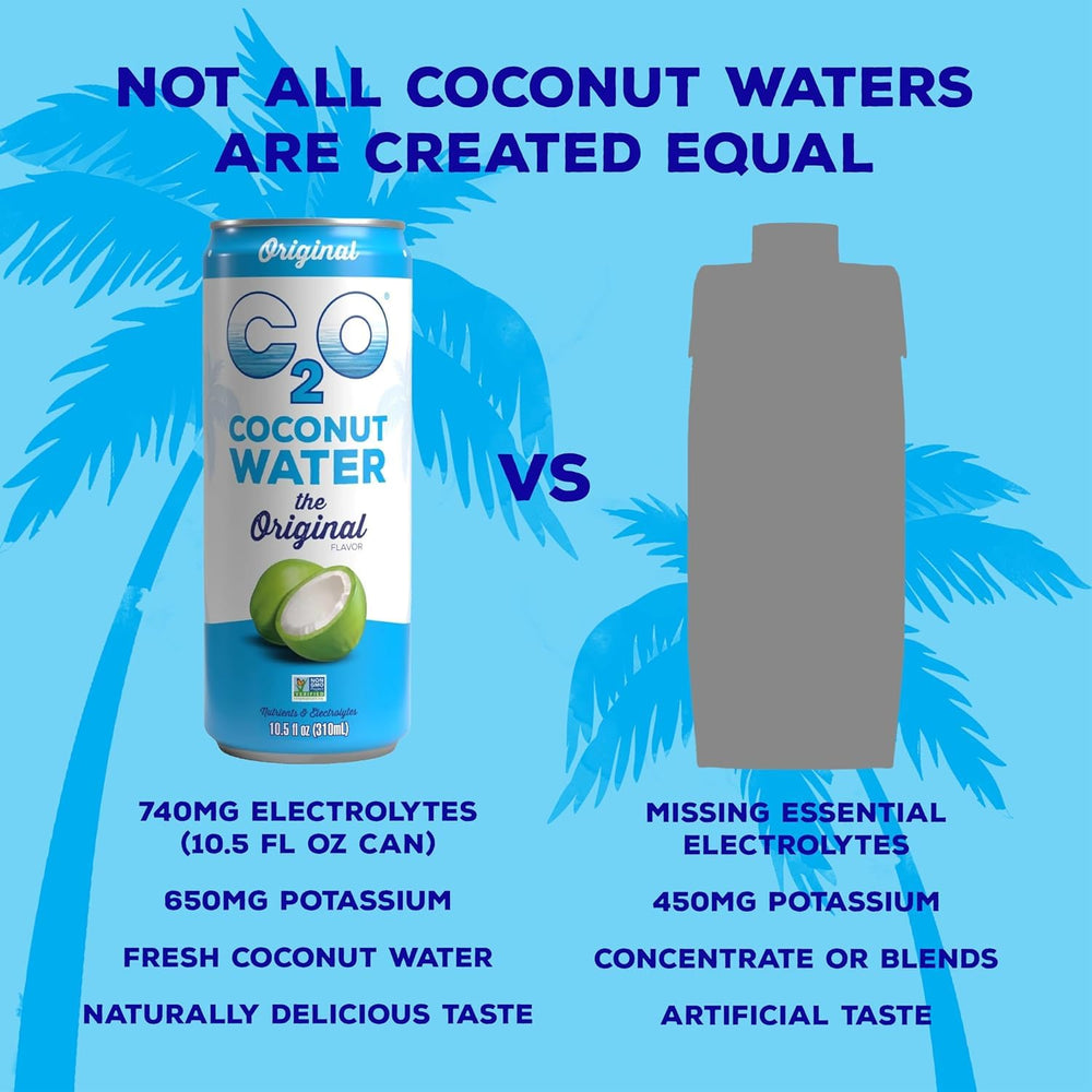 C2O poured into glass highlighting clear coconut water refreshment