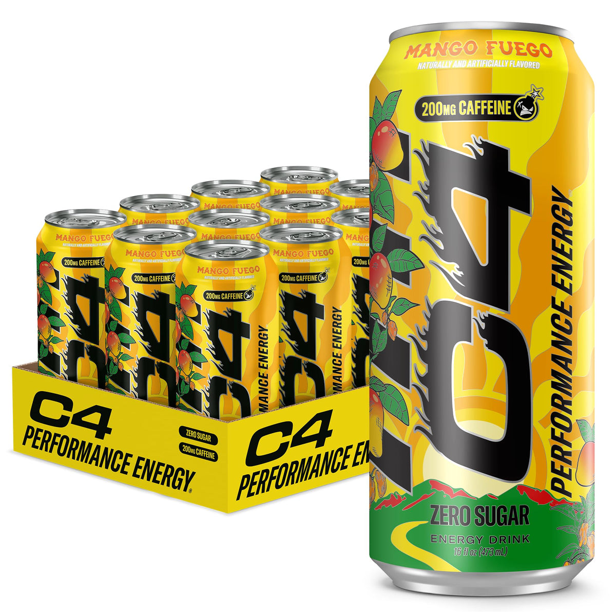 C4 mango fuego front can showing branding and zero sugar benefit
