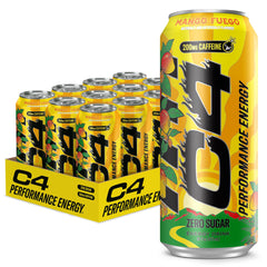 C4 mango fuego front can showing branding and zero sugar benefit