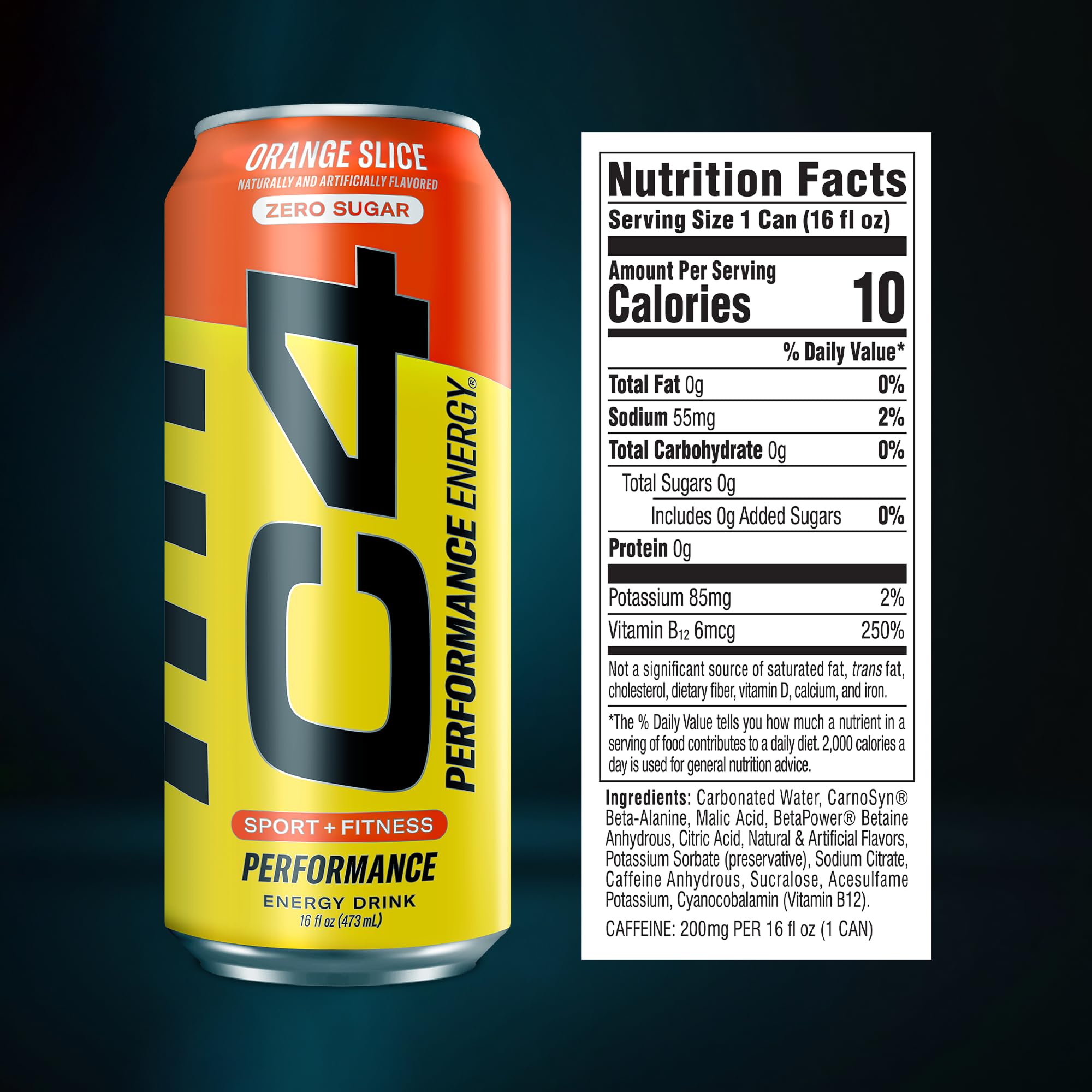 C4 performance can close-up label highlighting caffeine and ingredient benefits