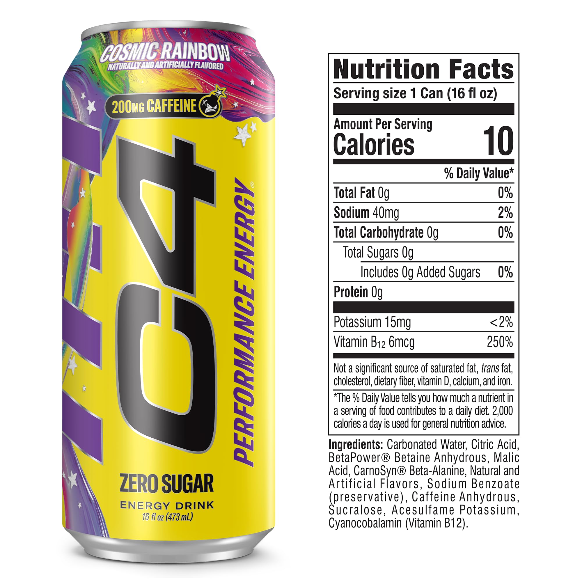 C4 Performance close-up of can label highlighting 200mg caffeine and ingredients