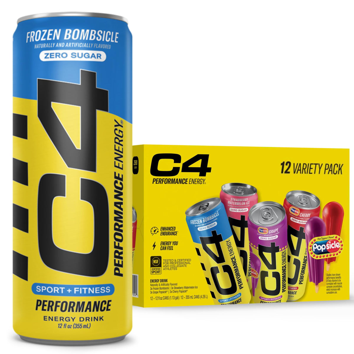 C4 can front packaging showing logo and flavor, highlighting zero sugar benefit