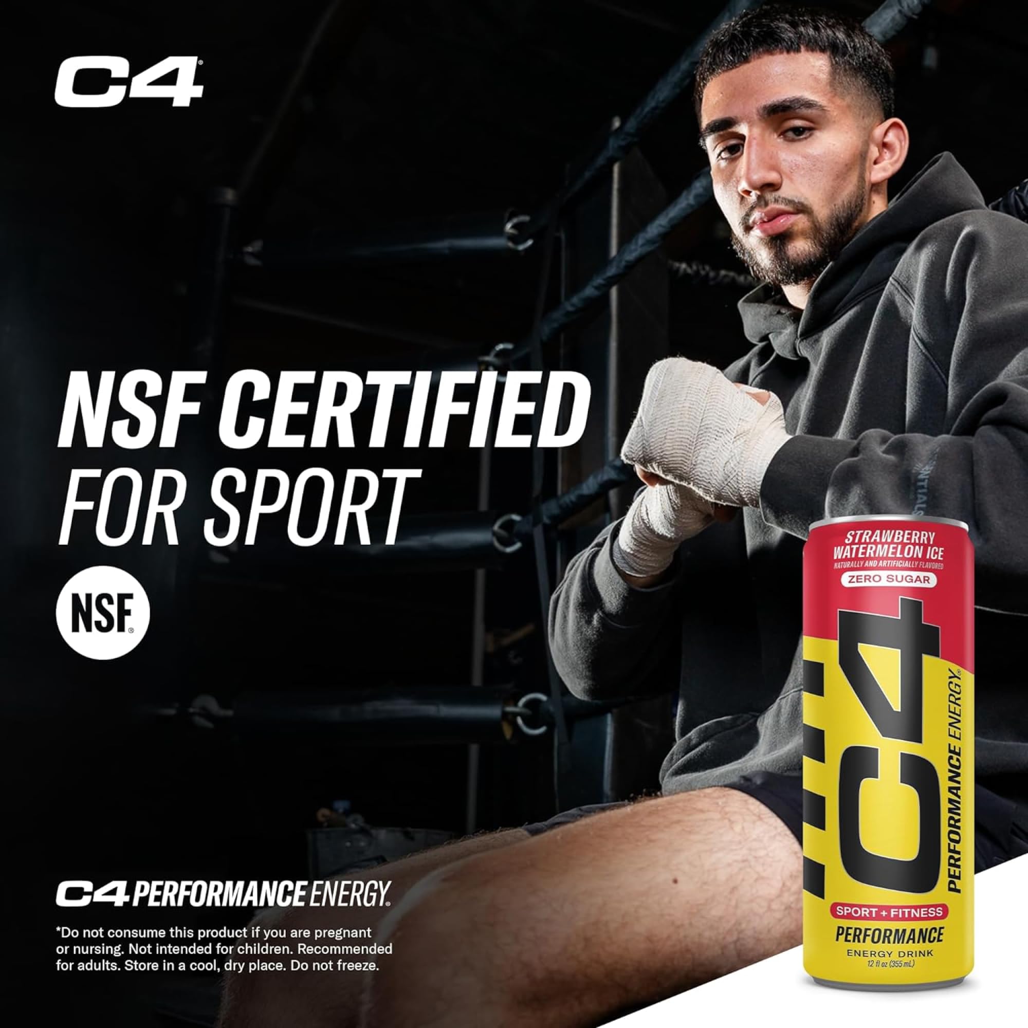 Hand holding C4 can demonstrating 12 fl oz size and convenient portability