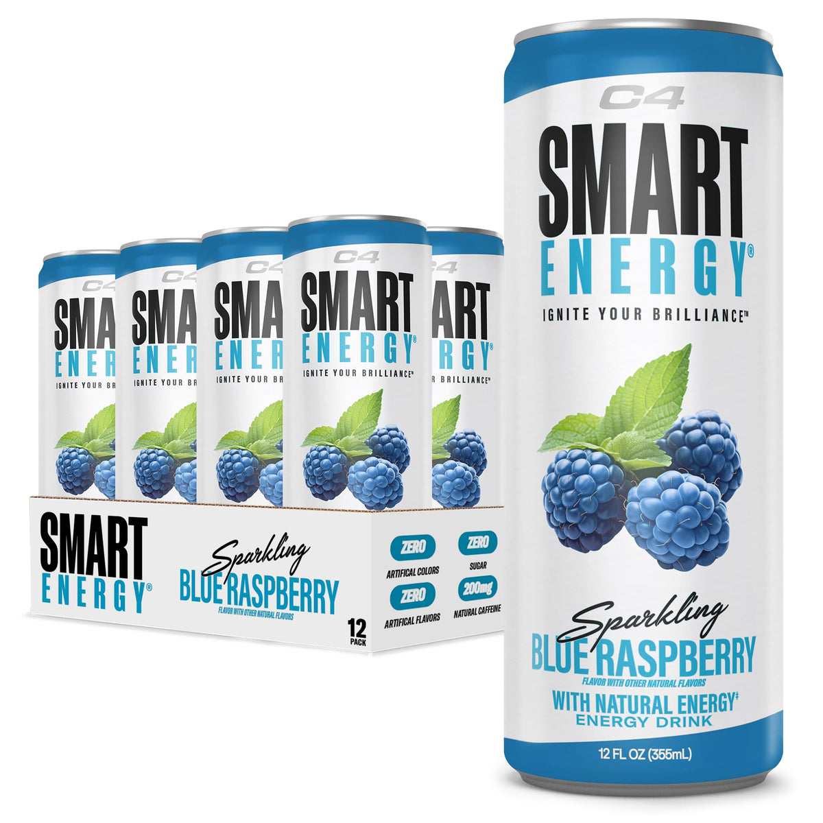 C4 front packaging 12-pack showing cans and flavors for convenient storage