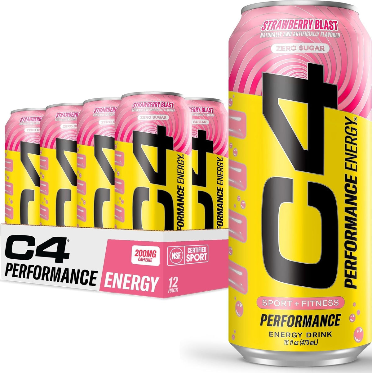 C4 strawberry blast front can showing branding and zero sugar benefit