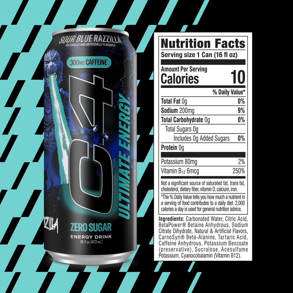 C4 Ultimate close-up of can texture and label, highlights bold branding
