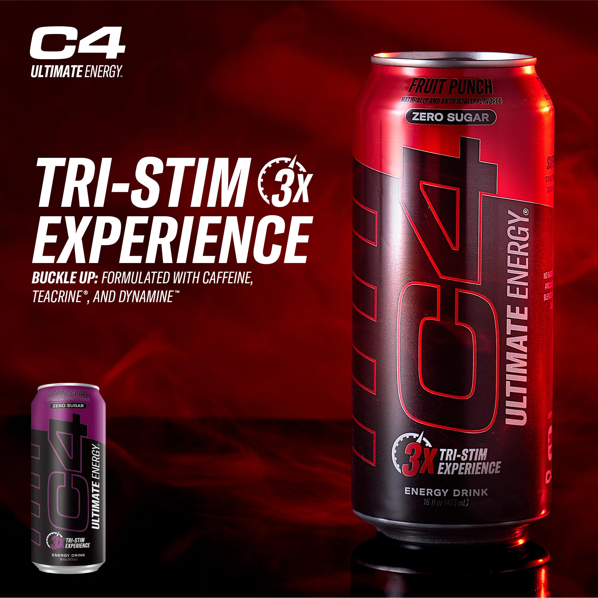 C4 Ultimate Energy angled can highlighting bold Atomic Grape flavor and high energy