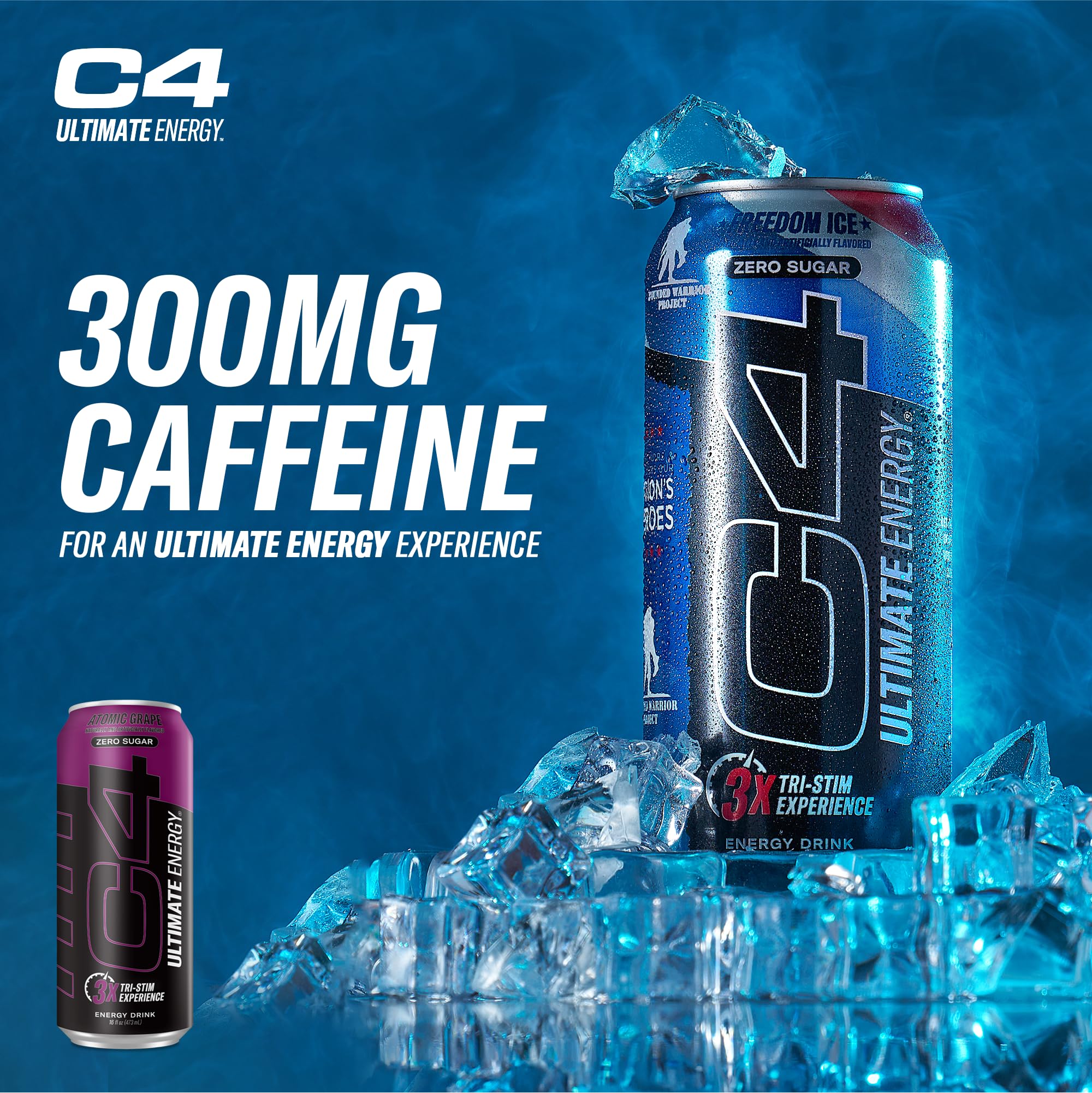 Close-up of C4 Ultimate Energy label showing 300mg caffeine and ingredient clarity