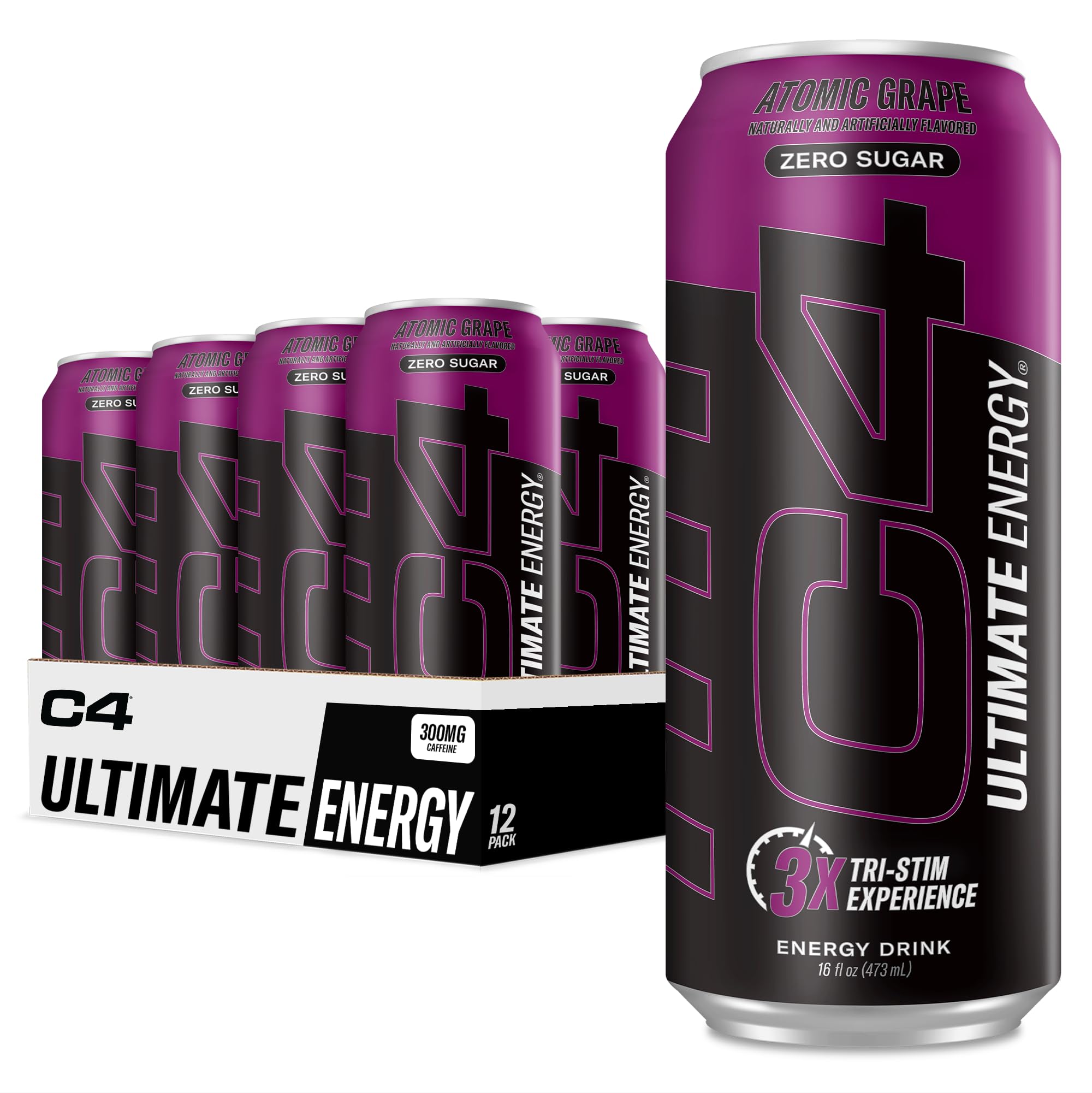 C4 Ultimate Energy Atomic Grape front can showing branding and zero sugar benefit