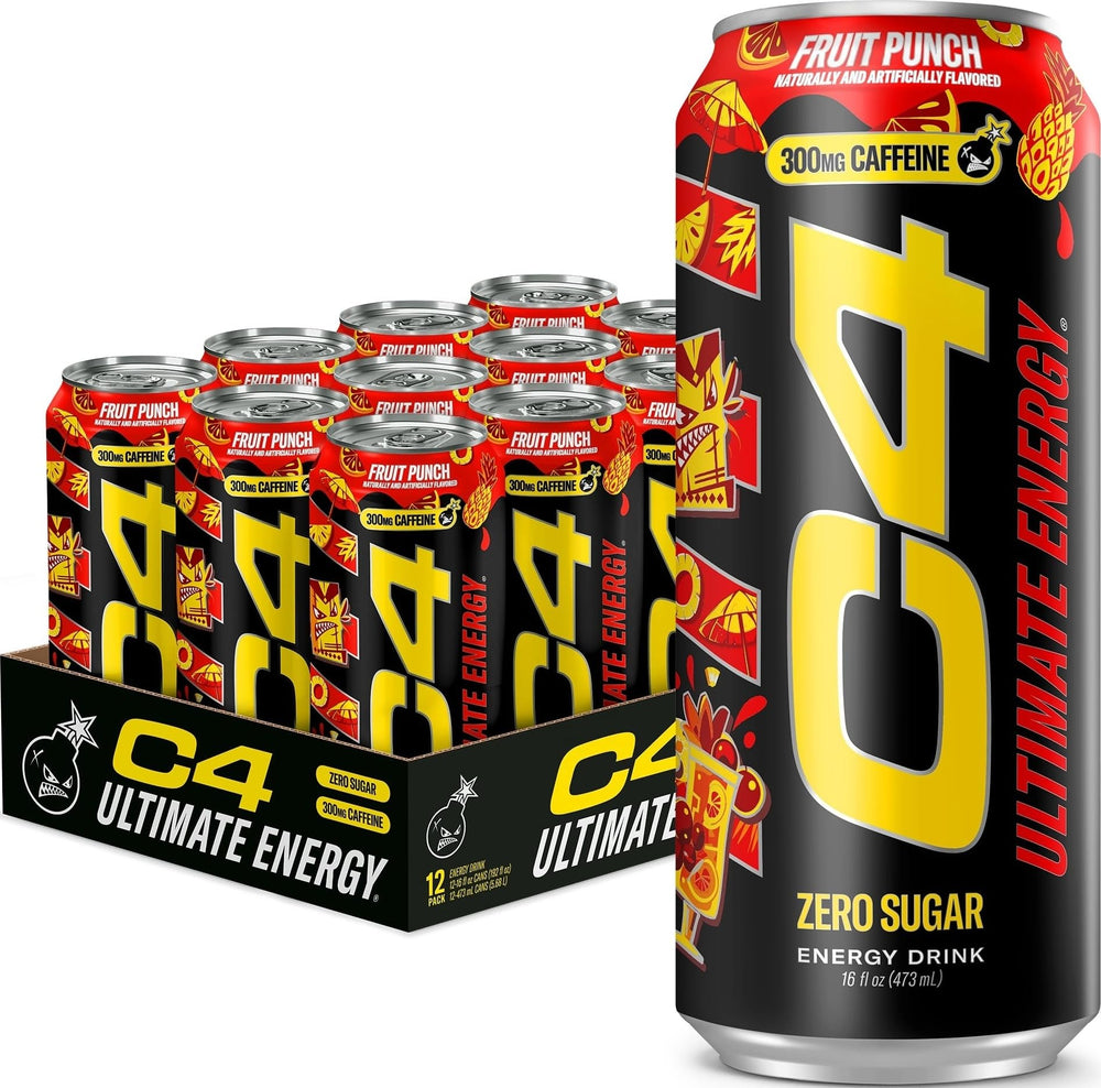 C4 can front view showing bold Fruit Punch branding and zero sugar benefit