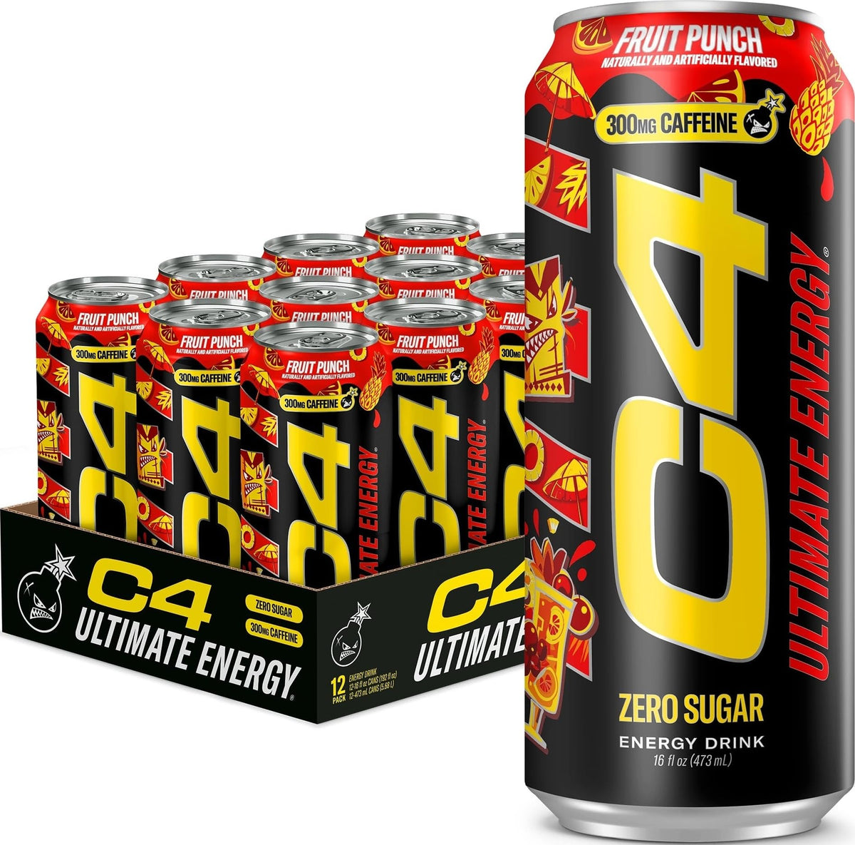 C4 can front view showing bold Fruit Punch branding and zero sugar benefit