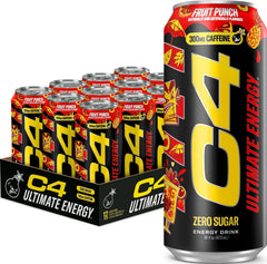 C4 can front view showing bold Fruit Punch branding and zero sugar benefit