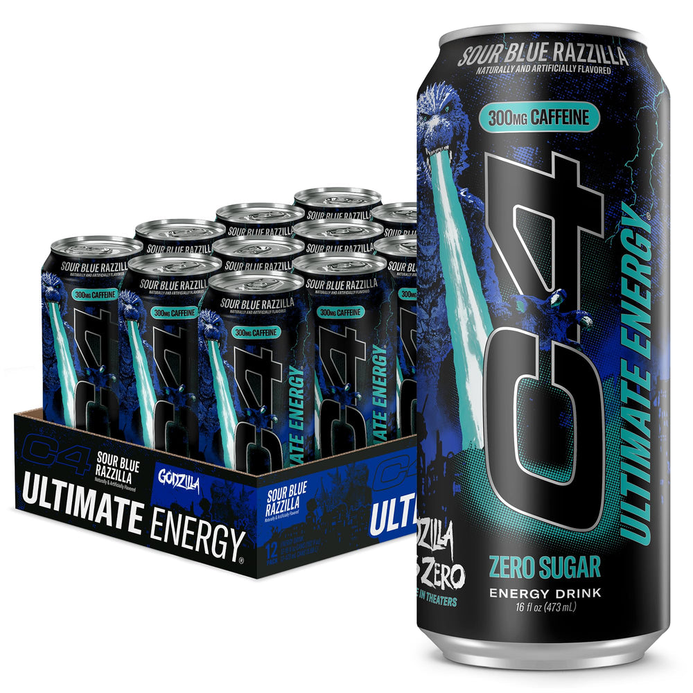 C4 Ultimate front packaging showing Sour Blue Razzilla flavor, energizes workouts