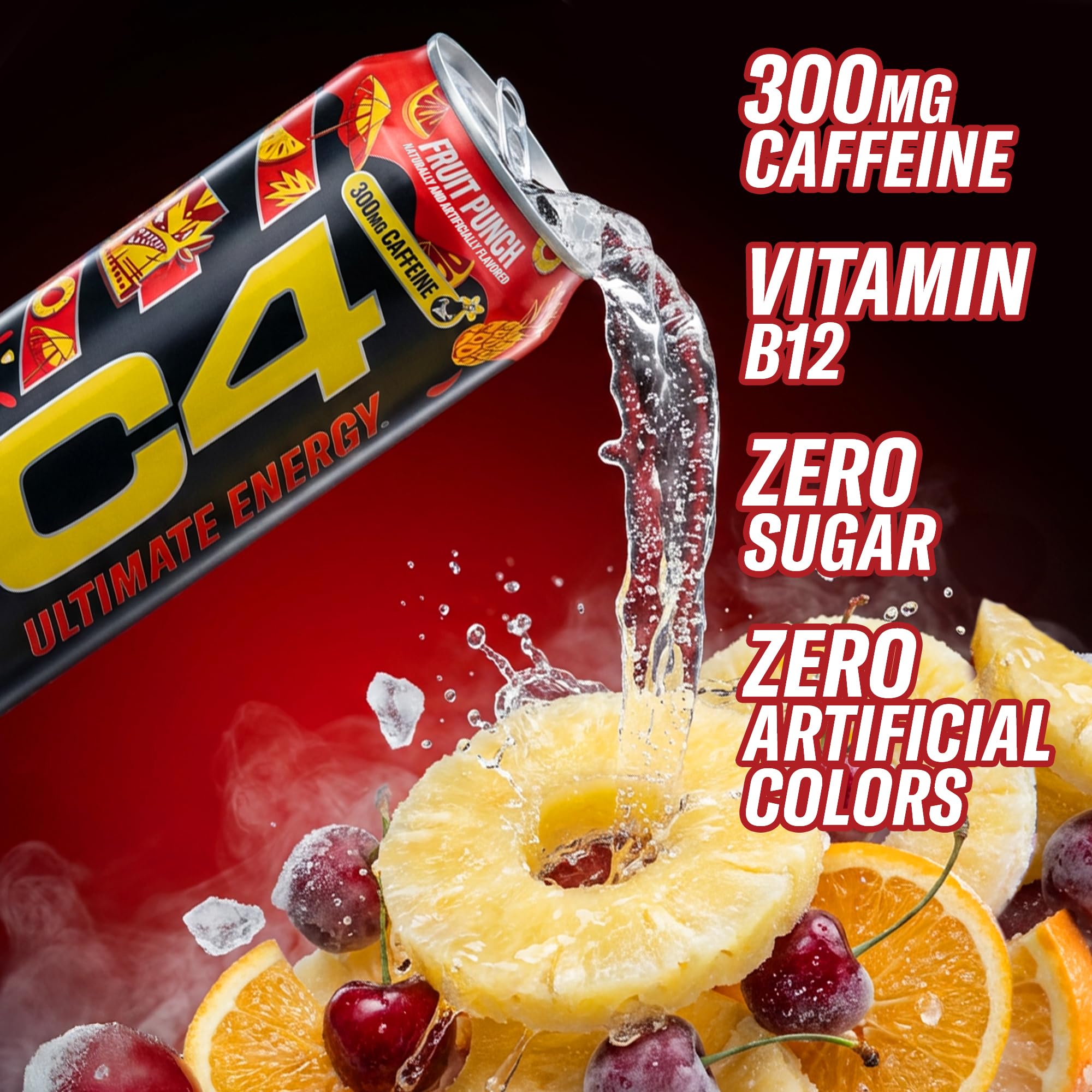 Splash shot of C4 Fruit Punch conveying energetic burst and bold flavor