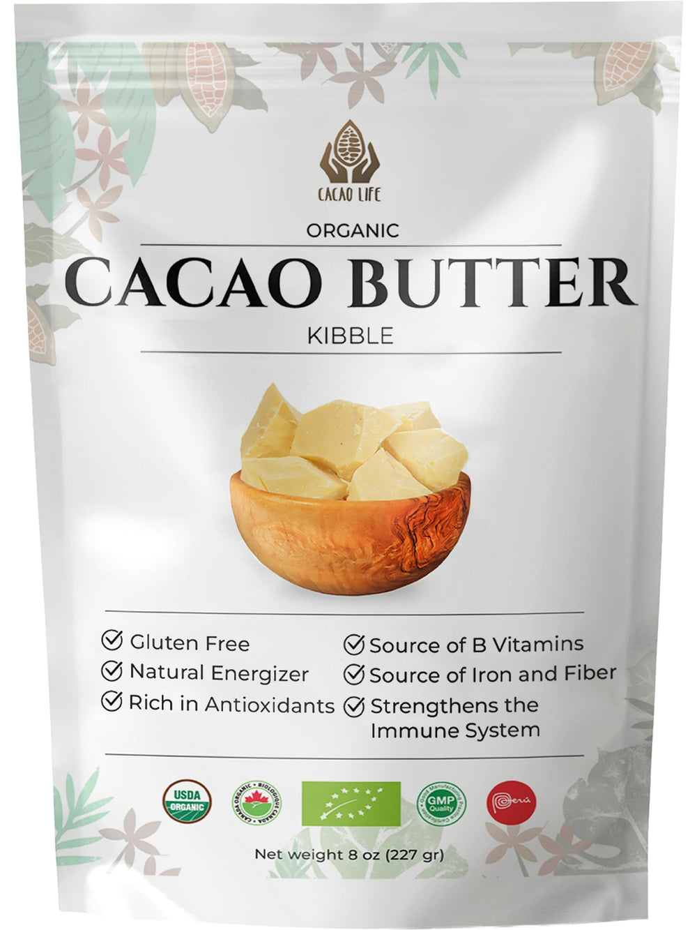 Cacao Life front packaging showing organic cacao butter kibble and certification benefits