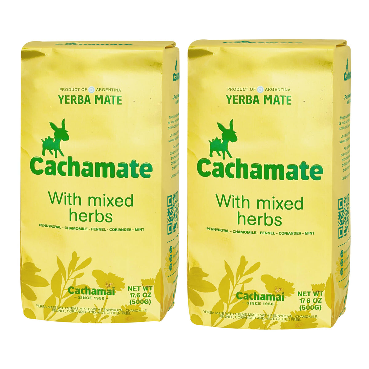 Cachamate front packaging showing 2-pack and herb blend for consistent servings