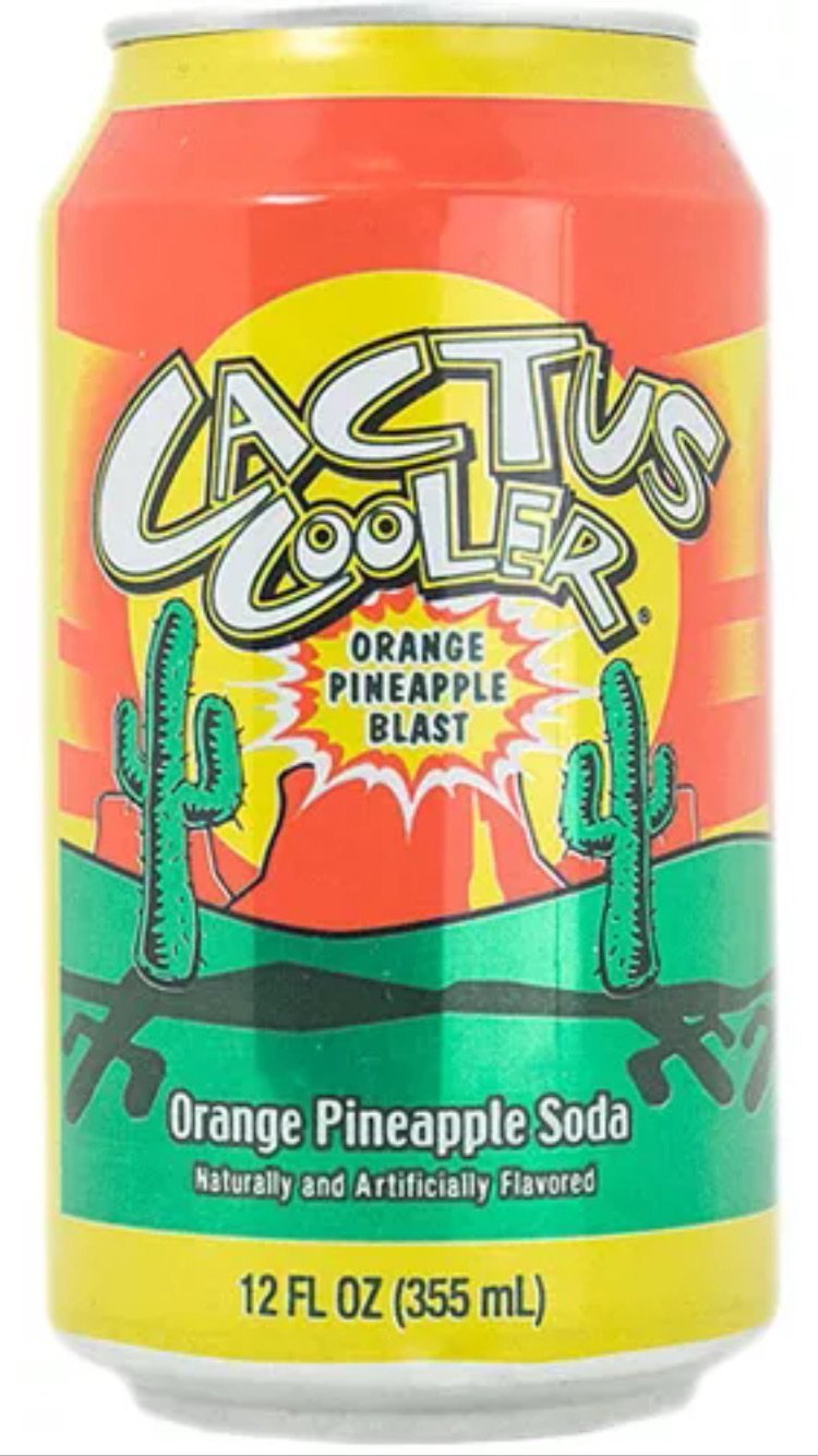 Cactus Cooler front packaging shows bright orange-pineapple cans, refreshing taste