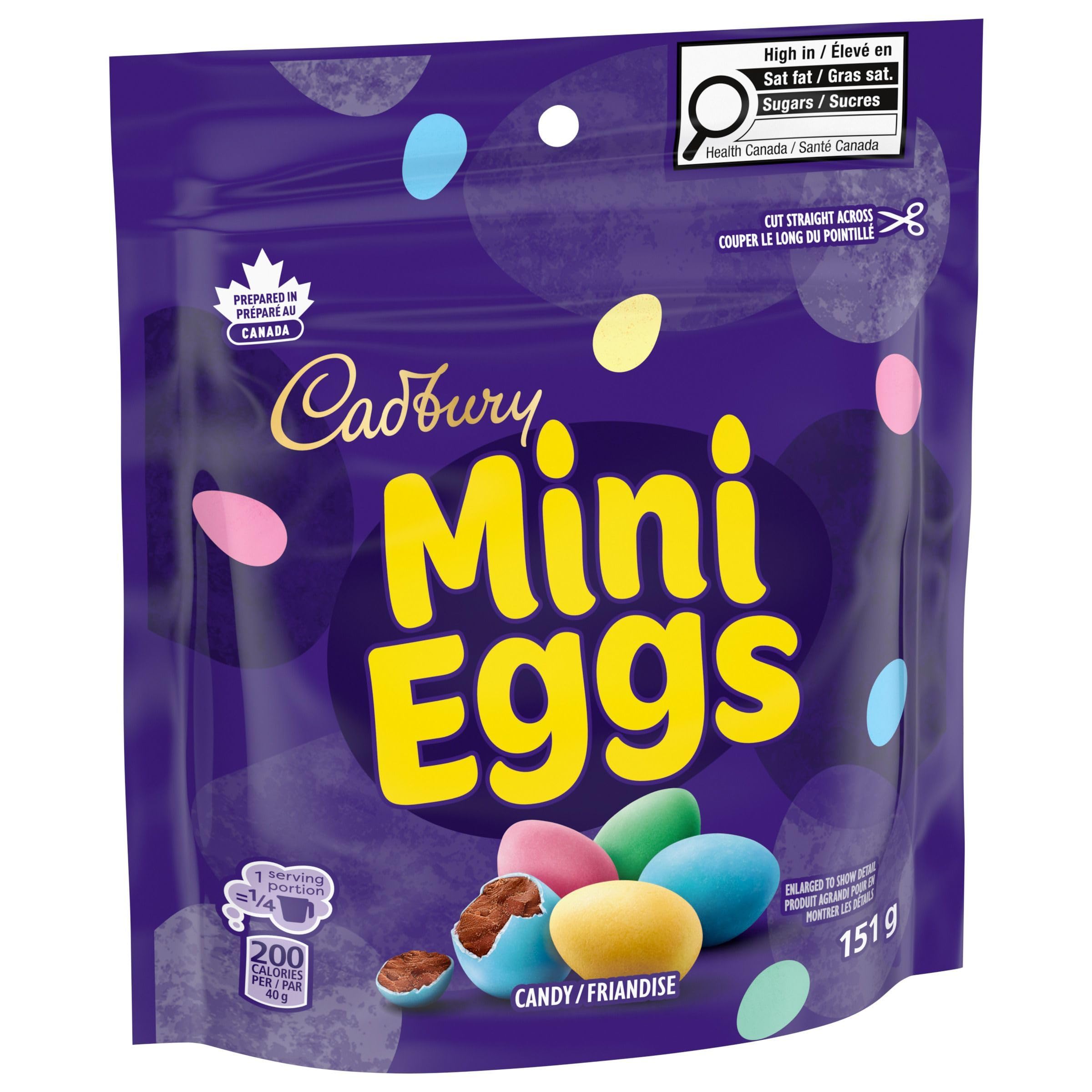Cadbury Mini Eggs next to a hand for size comparison demonstrating portion-friendly benefit