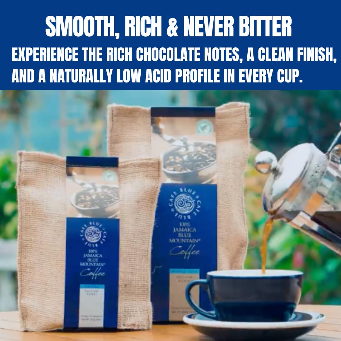Cafe Blue bag label with JACRA seal confirming origin and providing buyer confidence
