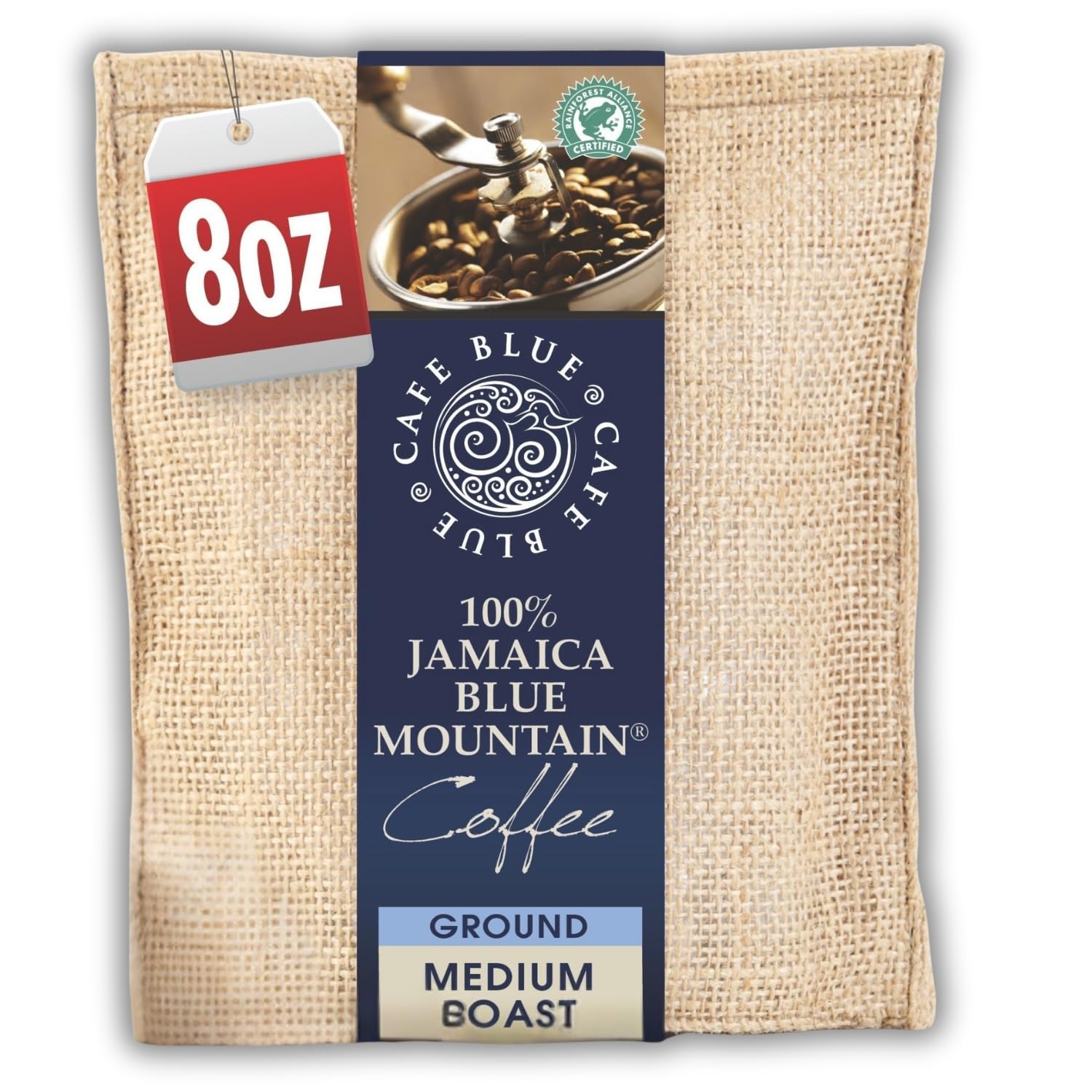 Cafe Blue front packaging 8 oz bag showing certified origin and elegant design benefit clarity