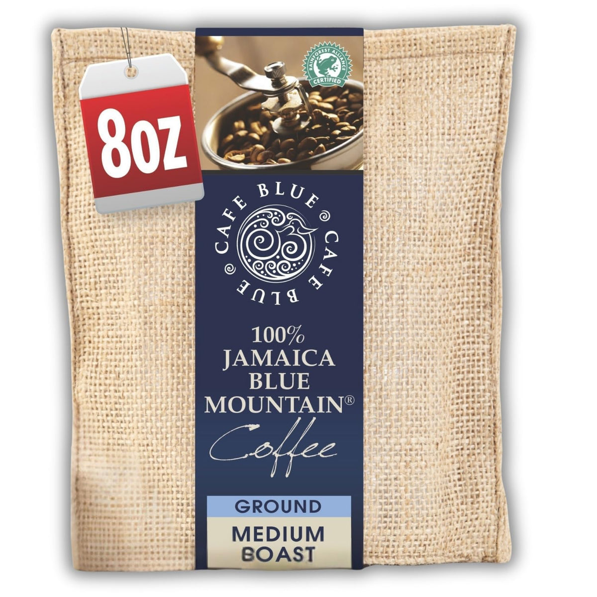 Cafe Blue front packaging 8 oz bag showing certified origin and elegant design benefit clarity