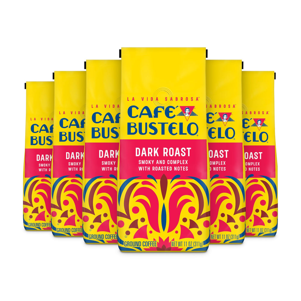 Café Bustelo front packaging showing bold dark roast and weight benefit
