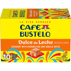 Café Bustelo front box showing dulce de leche pods and branding, convenient single-serve
