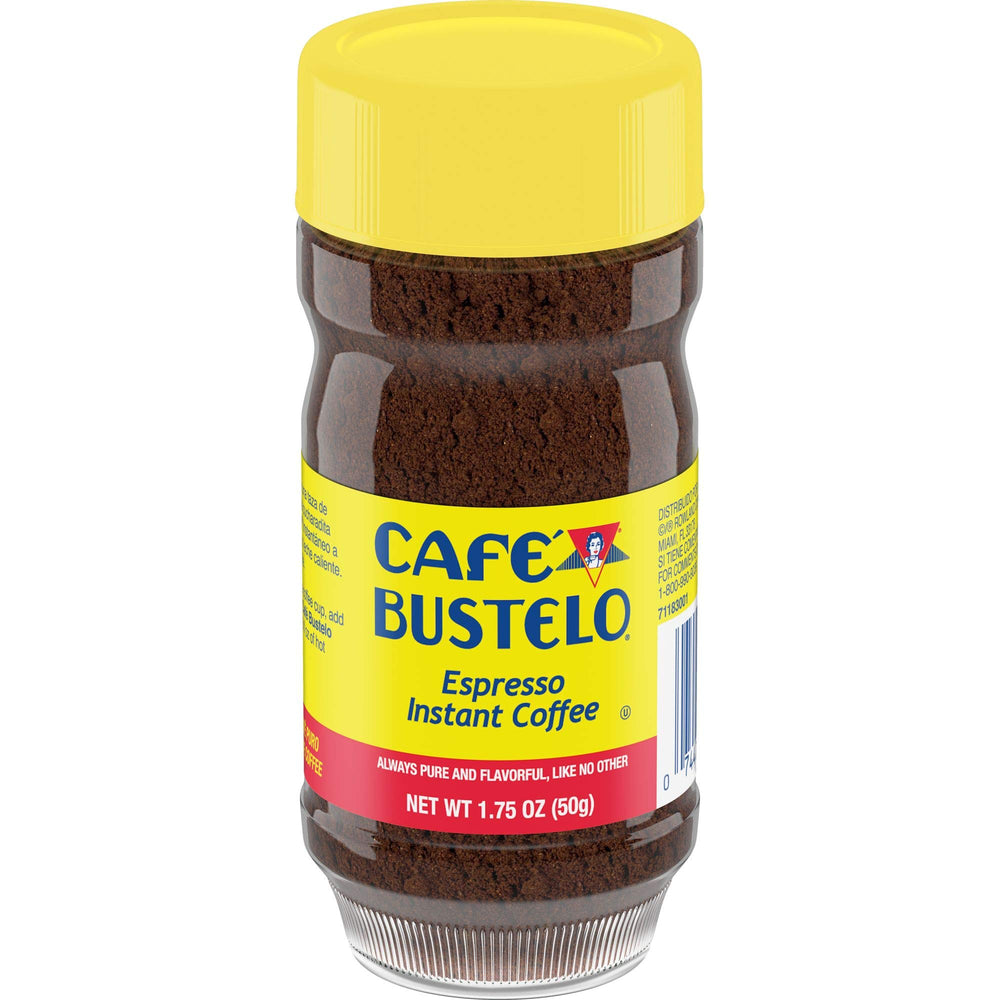 Café Bustelo front jar showing label and bold dark-roast branding for quick recognition