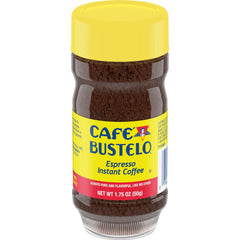 Café Bustelo front jar showing label and bold dark-roast branding for quick recognition