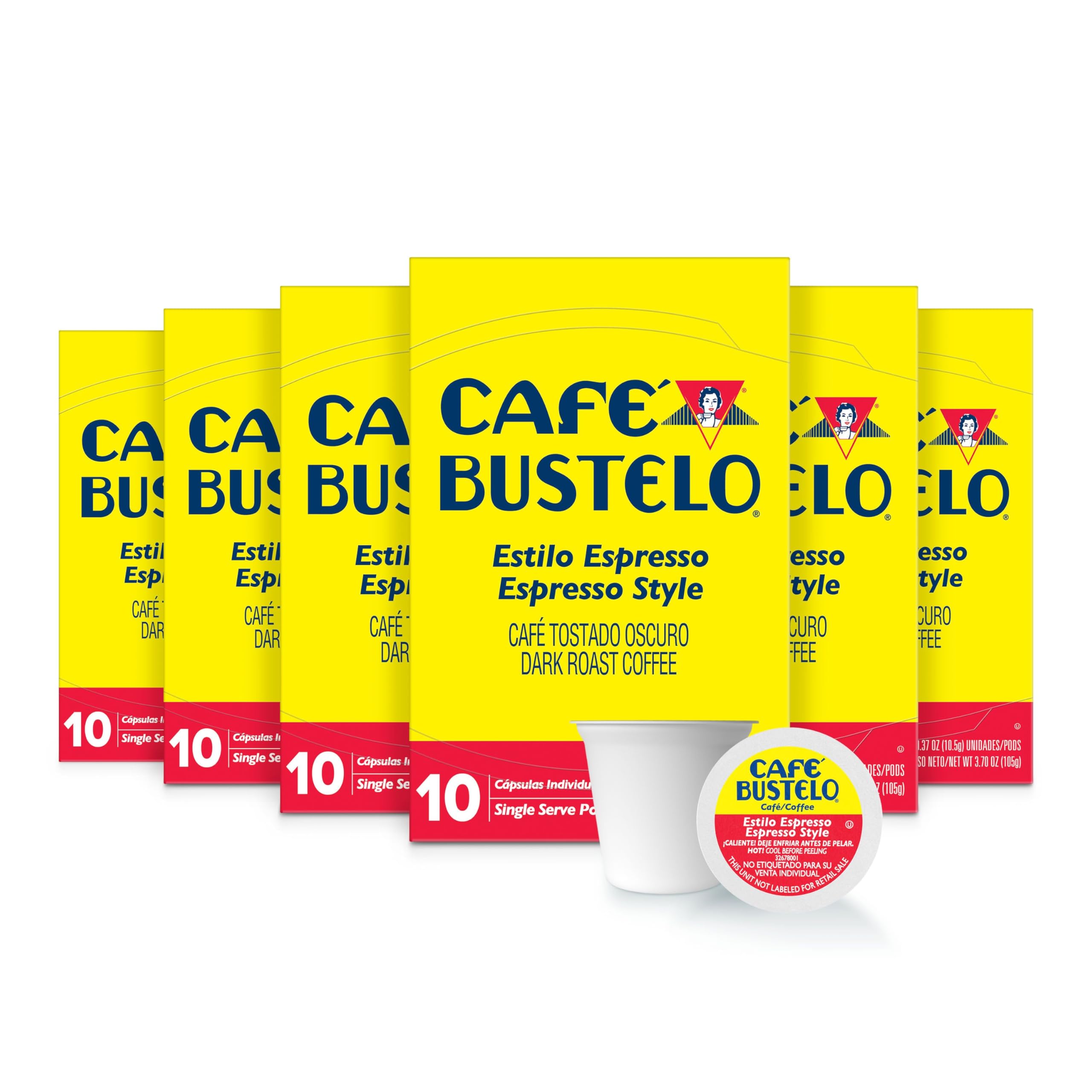 Café Bustelo front packaging displaying 60 pods and bold branding for quick selection