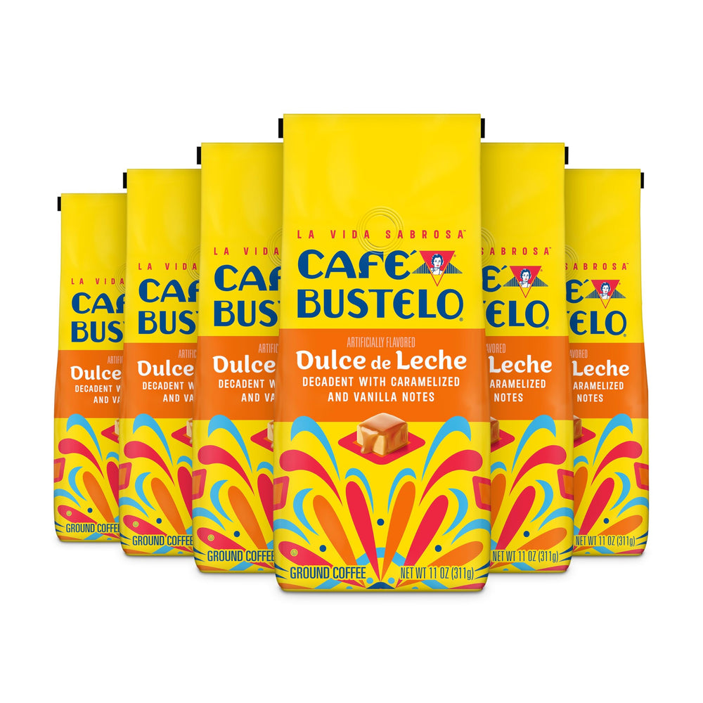 Café Bustelo front packaging showing six bags and bold branding for convenience