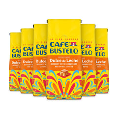 Café Bustelo front packaging showing six bags and bold branding for convenience