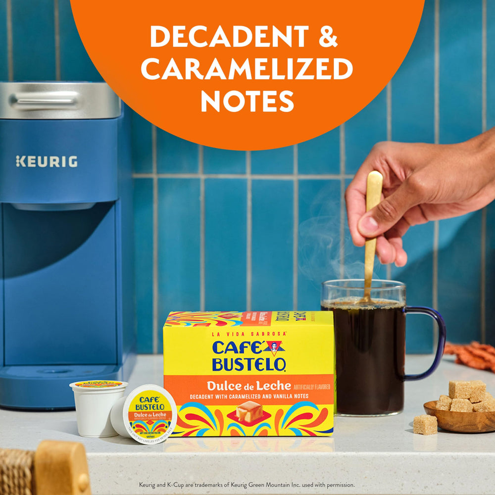 Café Bustelo iced latte with ice and milk, demonstrating chilled dulce de leche enjoyment
