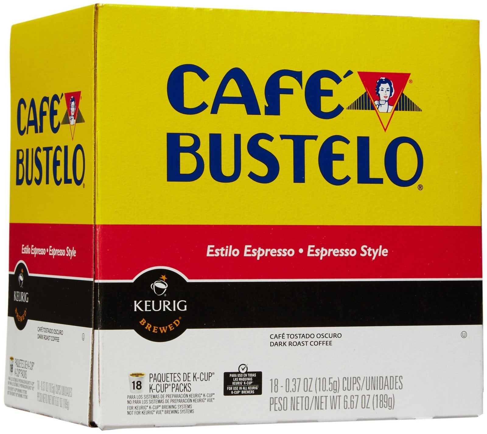 Cafe Bustelo close-up of a single K-Cup pod showing seal and rich coffee grounds