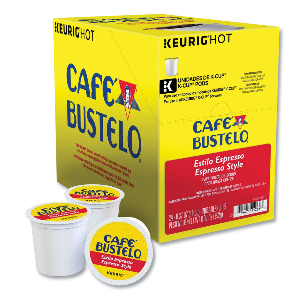 Close-up of a Cafe Bustelo K-Cup pod top demonstrating pod detail and easy use