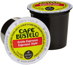 Cafe Bustelo front packaging showing 18-count pods and bold branding for quick brewing