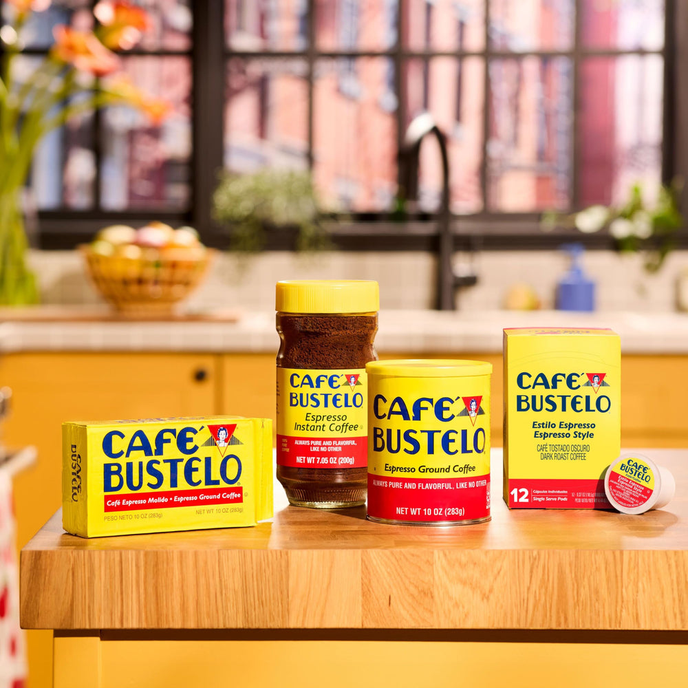 Café Bustelo espresso-style cup with steamed milk demonstrating how it stands up to milk