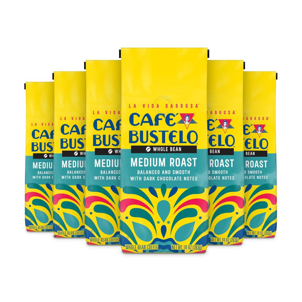 Cafe Bustelo pack front showing six 10 oz bags and bold branding, ideal for stocking pantry