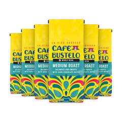 Cafe Bustelo pack front showing six 10 oz bags and bold branding, ideal for stocking pantry