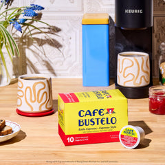 Café Bustelo pack next to a ruler illustrating six 10-count boxes for scale