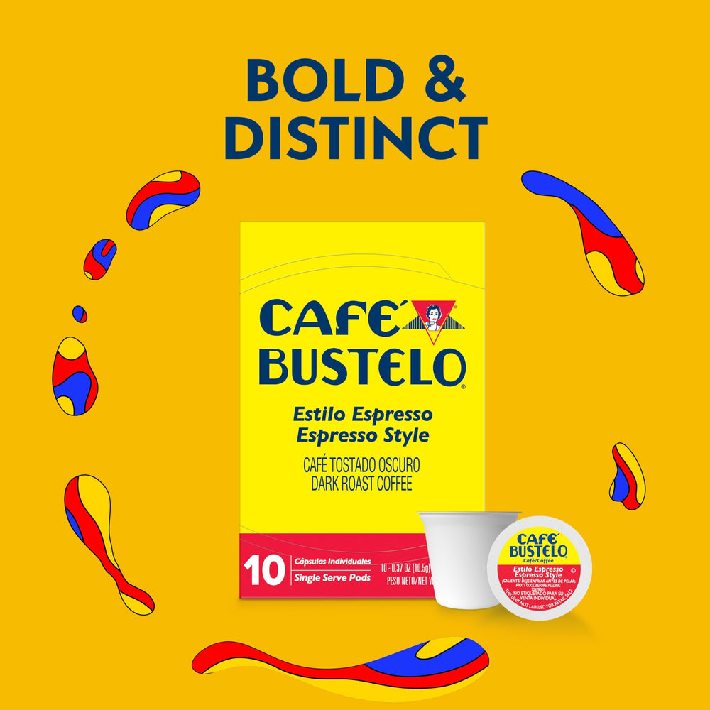 Café Bustelo brewed cup from a pod showcasing rich color and strong aroma