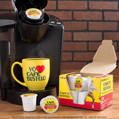 Café Bustelo K‑Cup pod closeup highlighting fresh grind and consistent flavor