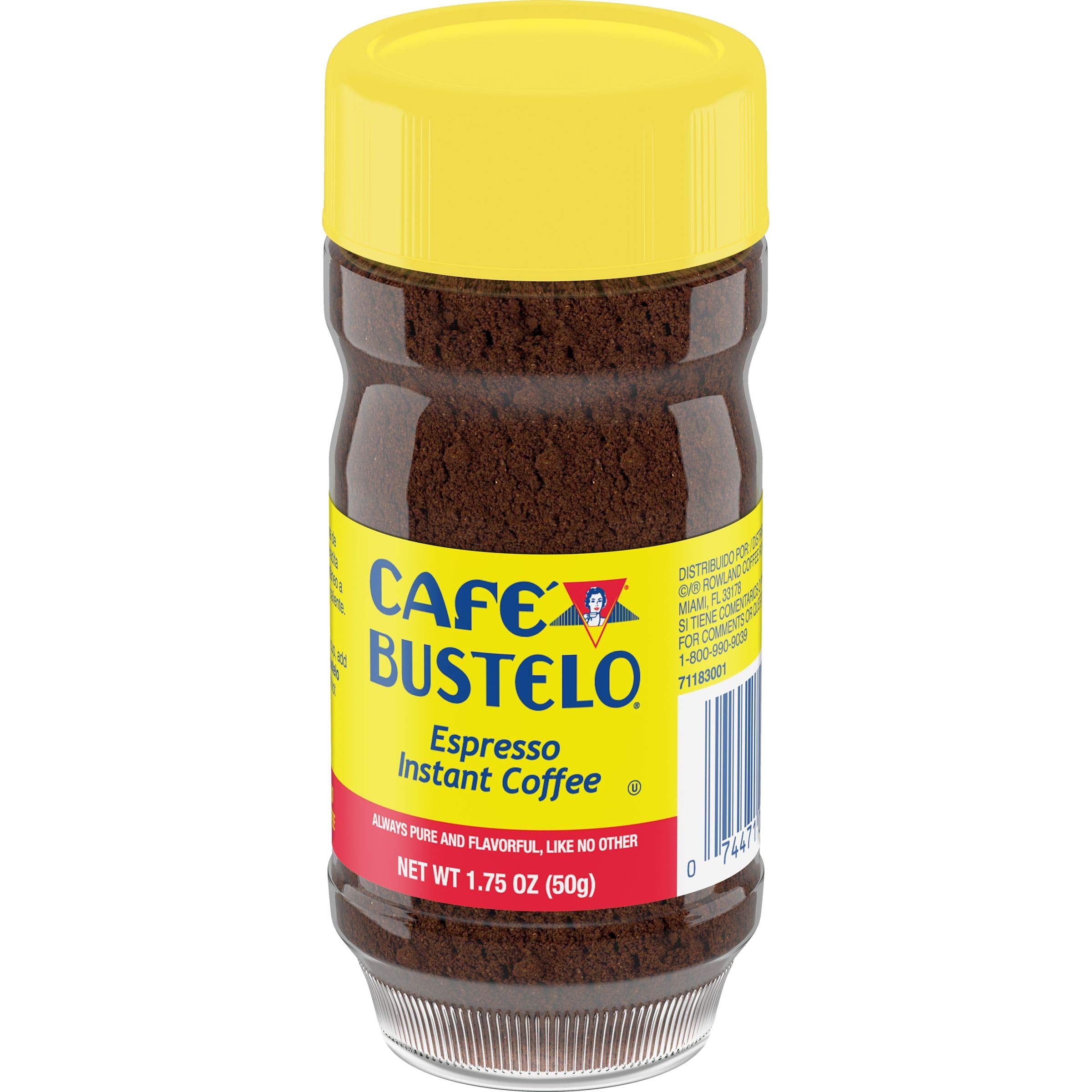 Café Bustelo being stirred into a mug with hot water showing quick preparation benefit
