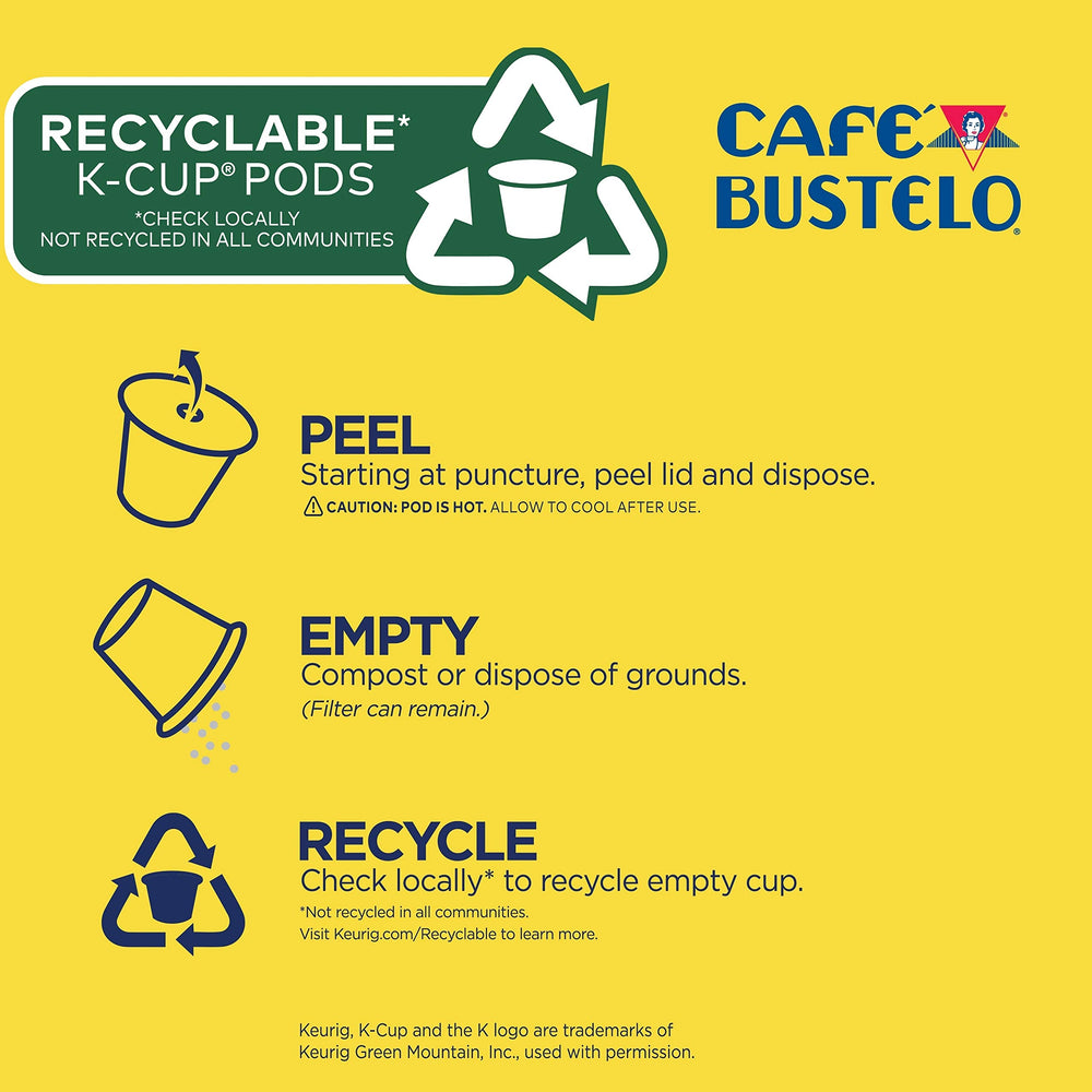 Café Bustelo box beside a mug illustrating 24‑pod pack and easy storage